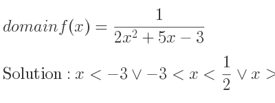 The domain of f(x)= 1/(2x^2+5x-3) is x<-3\lor-3<x< 1/2 \lor x> 1/2